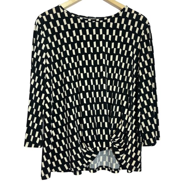 Clara Sunwoo Check Print Top Size L Black Cream Front Knot Stretch Knit Blouse - Picture 2 of 11